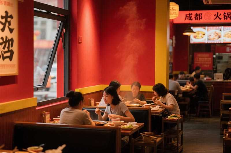 紅與黃的色彩搭配火鍋店裝修效果圖