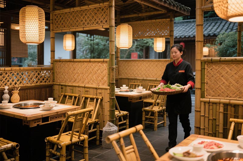 以竹編元素為特色的火鍋店裝修效果圖